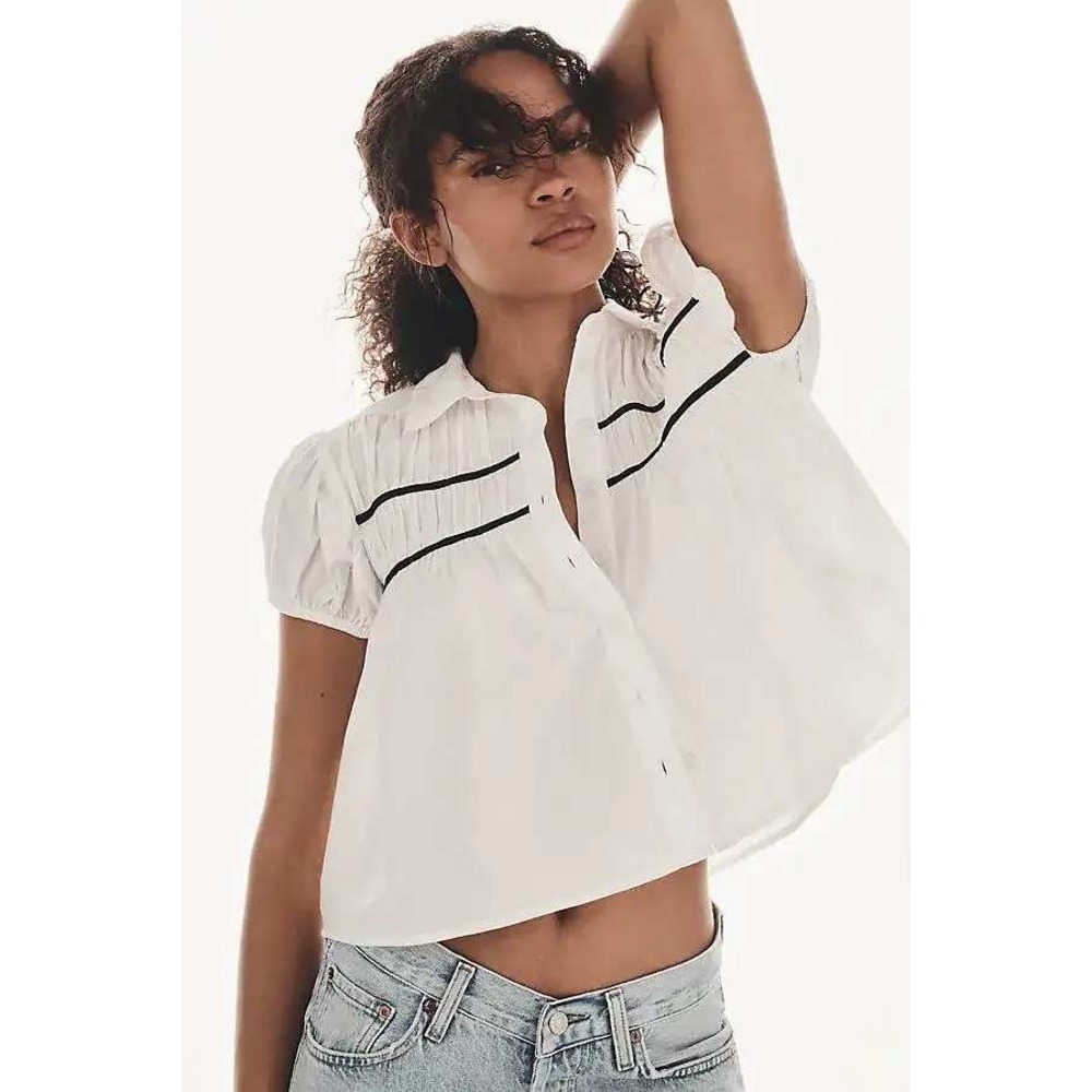Maeve by Anthropologie Leandra White‎ Puff Sleeve Cropped Babydoll Blouse  XXS